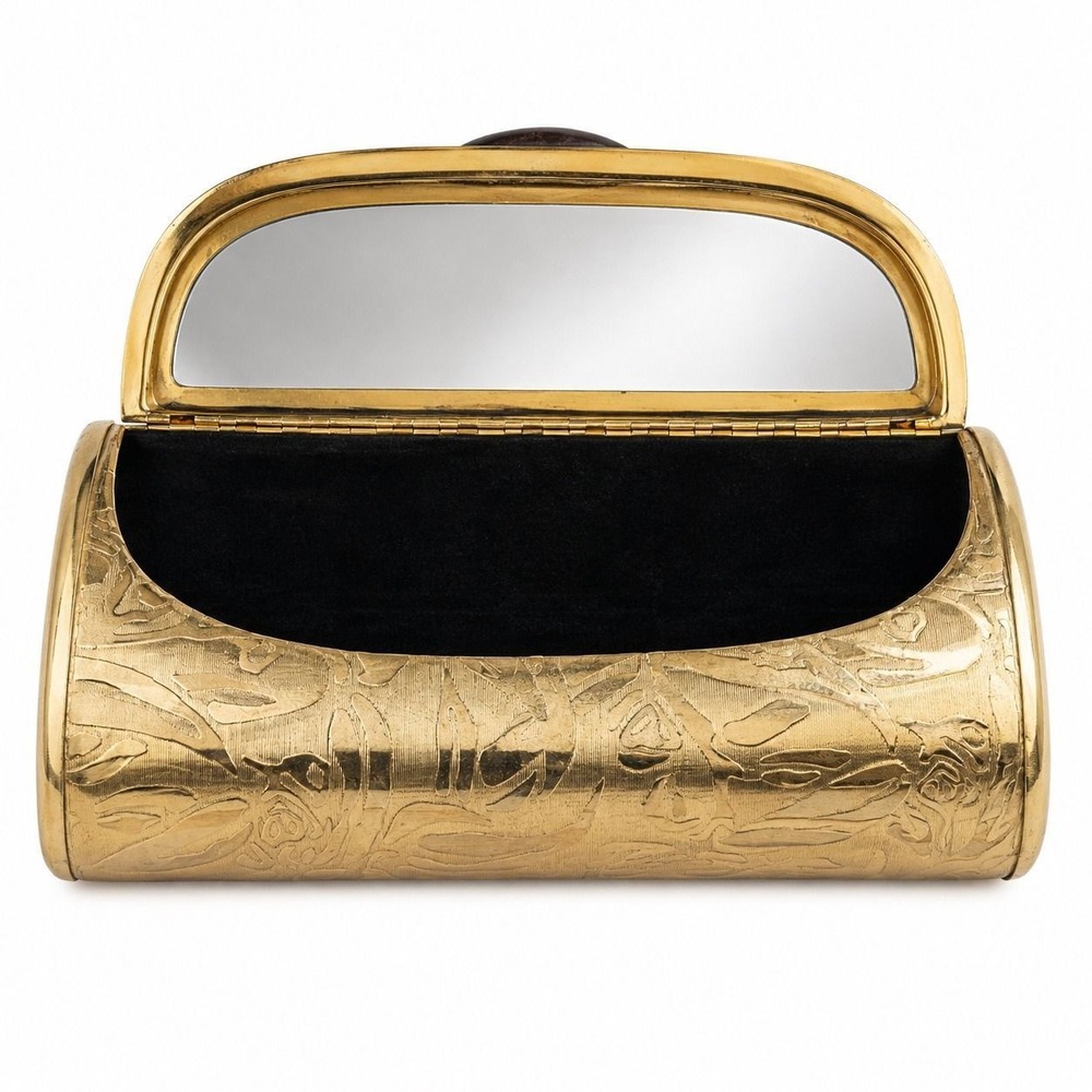 1960s Goubaud de Paris Gold Metal Cylinder Minaudiere Clutch Bag Mirror